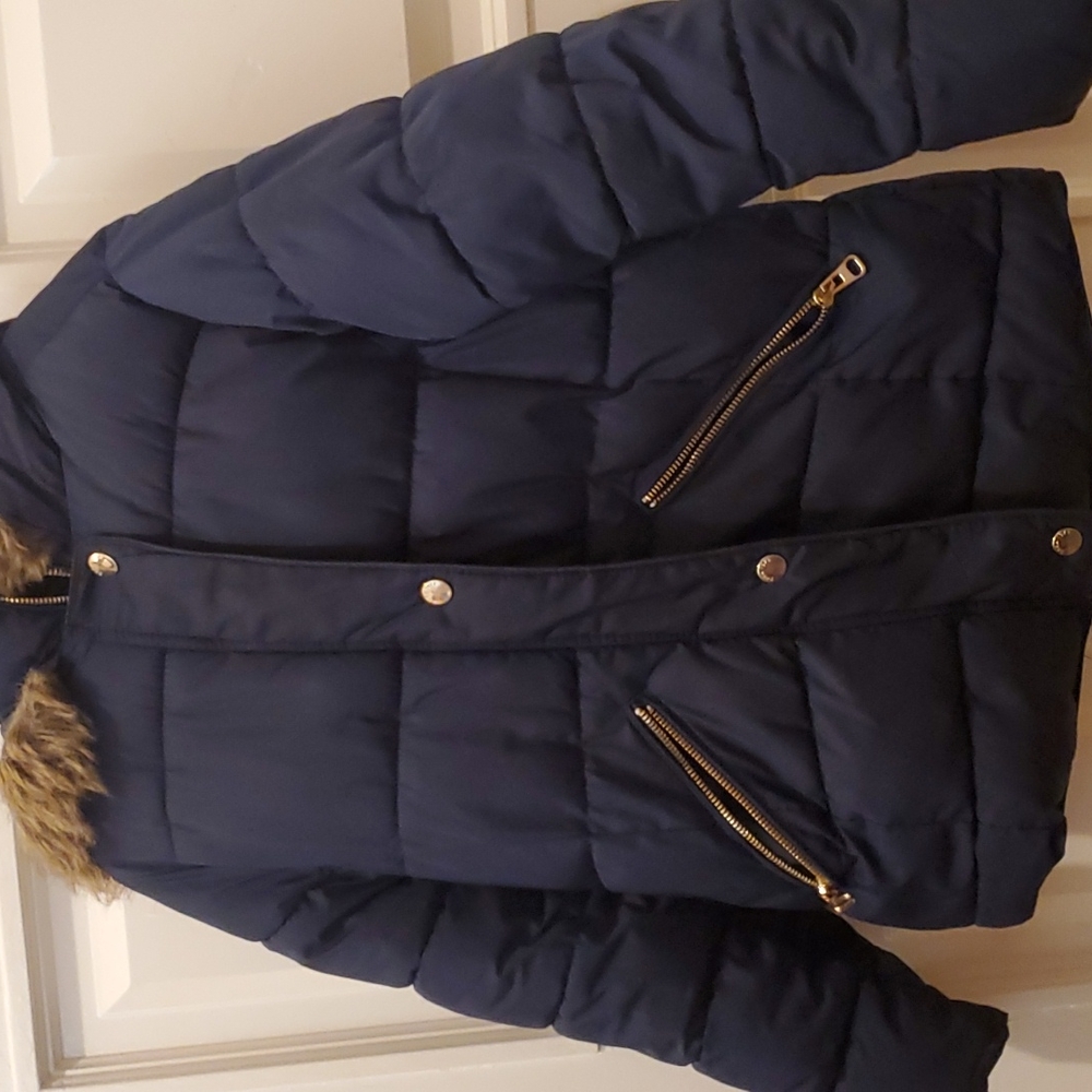 Girls Navy puffer jacket with fur around hoodie